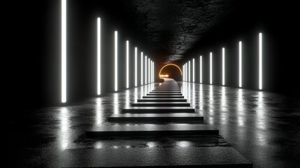 Aufkleber - Dark tunnel with neon lights illuminating the way. The tunnel is long and narrow, with a small opening at the end. The neon lights create a sense of mystery and intrigue