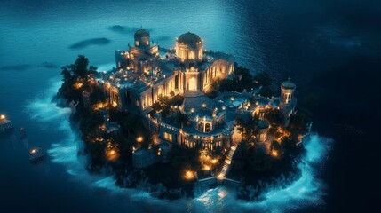 Wall Mural - mysterious illuminated castle reflects in waters near a rocky shore at dusk in a serene landscape