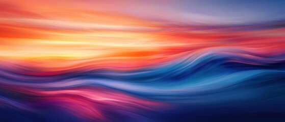 Aufkleber - Vibrant abstract landscape of flowing colorful waves with a sunset sky in warm orange and pink tones blending into cool blue hues and dynamic movement