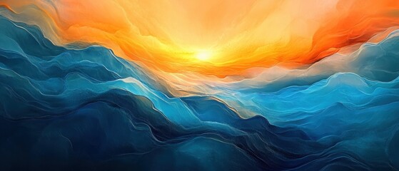 Aufkleber - Vibrant abstract landscape painting featu swirling layers of blue and orange hues evoking energy movement and natural scenery with dynamic color blending and artistic texture