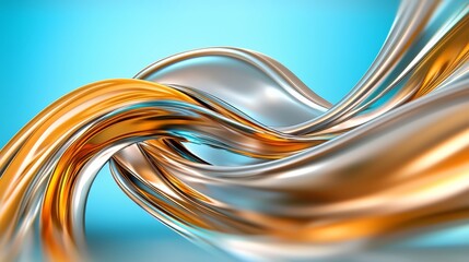 Fototapete - Silver and gold wave with a blue background. The wave is flowing and has a shiny, metallic appearance