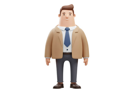 茶色のブレザーと青いネクタイを着た男性の3Dレンダリングキャラクターが透明な背景に立っている漫画スタイルの全身図