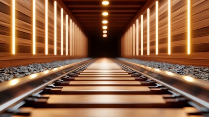 Aufkleber - Train track with a tunnel in the middle. The tunnel is lit up with lights, giving it a mysterious and eerie feel