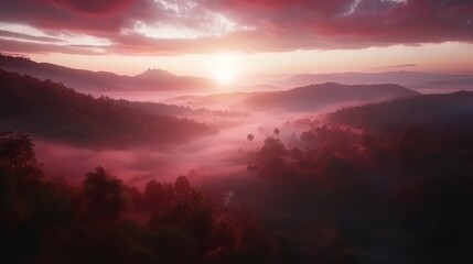 Aufkleber - Beautiful mountain range with a red and pink sky. The sun is setting and the sky is filled with clouds. The mountains are covered in trees and the sky is filled with smoke