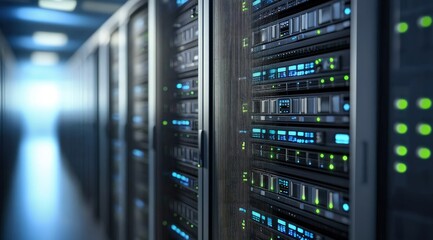 Poster - Closeup of advanced server units with green and blue LEDs in a dark room. Great for cybersecurity visuals, network performance, and IT system reliability topics
