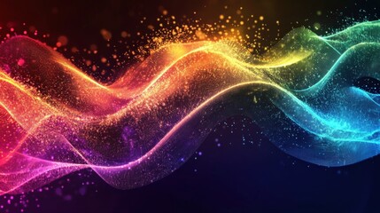 Aufkleber - Vibrant colorful light waves flowing across dark background creating dynamic abstract digital art with glowing particles and luminous energy streams