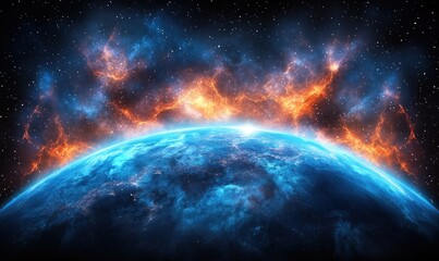 fiery cosmic nebula engulfing planet; space exploration concept
