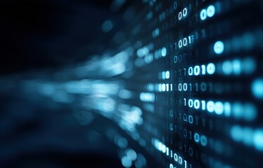 Poster - Digital binary code stream in glowing blue against a dark background, representing data transfer, cloud technology, and futuristic computing environments in IT visuals