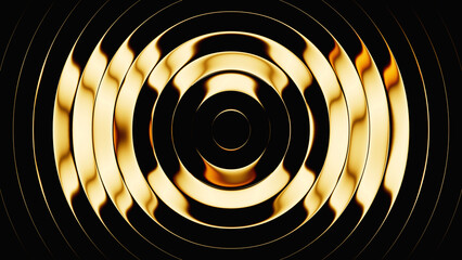 Poster - abstract design featuring golden rings isolated on black background. 3d rendering of rippled glass effect