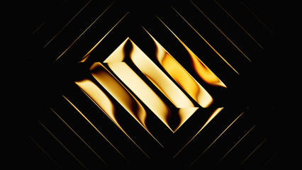 Poster - An abstract design featuring wavy golden tubes shapes against a black background. 3d rendering of ribbed glass effect.