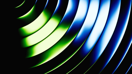 Poster - 3d rendering. Abstract geometric background. Polished chrome texture with blue green gradient. Ribbed glass illuminated with neon light