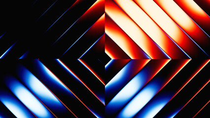 Poster - 3d render. Abstract neon geometric background. Metallic rhombus shape with blue red gradient. Ribbed glass wallpaper