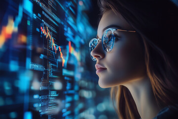 Aufkleber - woman is looking at a computer screen with a lot of numbers and graphs. She is wearing glasses and has a serious expression on her face