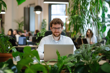 Poster - man is sitting at a desk in a lush green room, working on a laptop. The room is filled with plants, creating a calm and relaxing atmosphere. The man is focused on his work