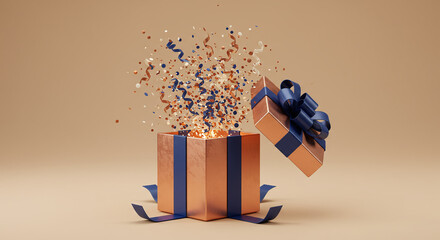 Gift box exploding with confetti and ribbons on neutral background