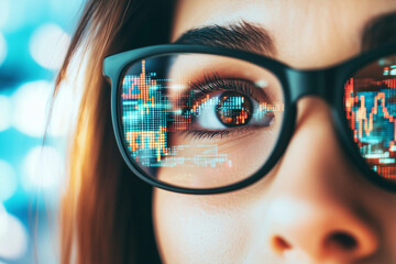 Aufkleber - woman's face is shown through a pair of glasses with a blurry background. The glasses have a digital effect, making the woman's eyes appear as if they are looking at a computer screen