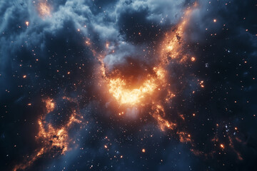 Wall Mural - space scene with a bright orange star in the center surrounded by a cloud of blue and orange