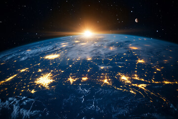 Poster - beautiful view of the Earth at night, with the sun rising in the background. The sky is filled with stars, and the planet is illuminated by the sun's light