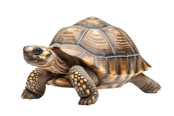 Poster - Tortoise walking on a white background, highlighting its textured shell and distinct features