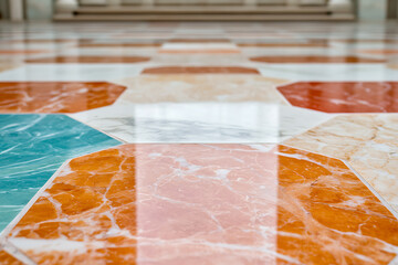 Poster - Colorful, geometric patterned floor with glossy finish. The pattern is composed of octagon and diamond shapes, creating a unique design.
