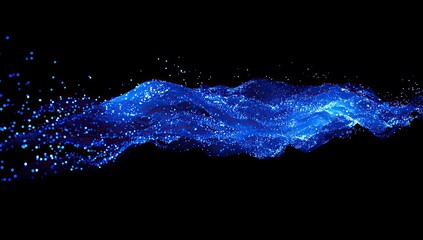 Fototapete - Abstract blue wavy particles flowing against a black background.  Detailed digital artistic representation of dynamic, fluid movement