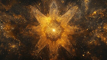 Fototapete - Golden fractal flower bursts from a dark void