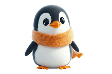 Poster - Cute penguin character wearing an orange scarf stands cheerfully against a transparent background for winter-themed designs and decorations