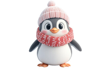 Poster - Cute penguin character wearing an orange scarf stands cheerfully against a transparent background for winter-themed designs and decorations