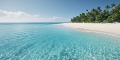 white sand beach, vibrant blue sea, distant green island, island, vibrant, peaceful