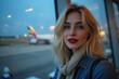 © Родион Бондаренко - beautiful blonde tourist woman at night airport with runway in background, travel concept