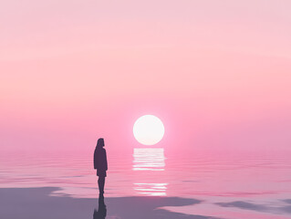 Wall Mural - woman stands on the beach looking out at the ocean