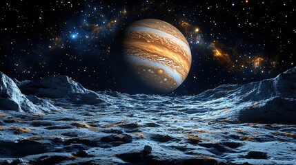 Wall Mural - Jupiter, a majestic gas giant, seen from a distant icy moon.