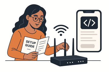 Tech-savvy young woman configuring a home Wi-Fi router connection, following a setup guide manual and using a smartphone application. Flat vector illustration for technology concept.