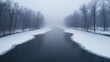 © Honey - Serene winter river scene with foggy trees and ice sky snow cold calm mist blue grey view water white