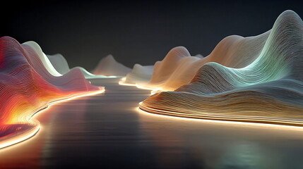 Poster - Stylized abstract landscape illuminated with neon lines. Trendy futuristic visualization of digital data for technology concept use.