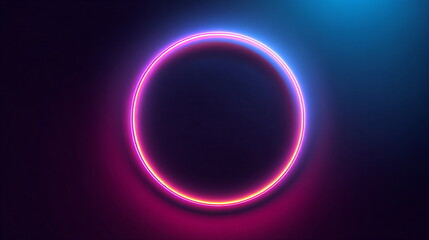 Poster - Bright glowing neon circle with light flare effect on abstract dark background, futuristic technology concept for website banner