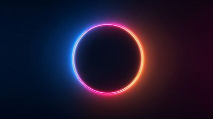 Poster - Bright glowing neon circle with light flare effect on abstract dark background, futuristic technology concept for website banner