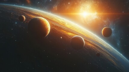 Wall Mural - Celestial bodies orbiting a vibrant star system.