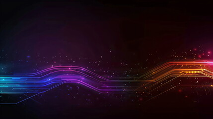 Poster - Colorful abstract lines and dots on a black background representing digital technology and data flow, a template for website design or futuristic concept.