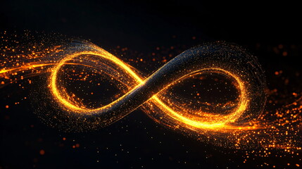 Poster - A glowing infinity symbol made of golden particles on a dark background representing endless possibilities. Abstract concept for technology, website template, or digital art.