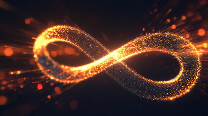 Poster - A glowing infinity symbol made of golden particles on a dark background representing endless possibilities. Abstract concept for technology, website template, or digital art.