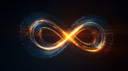 Poster - A glowing infinity symbol made of golden particles on a dark background representing endless possibilities. Abstract concept for technology, website template, or digital art.