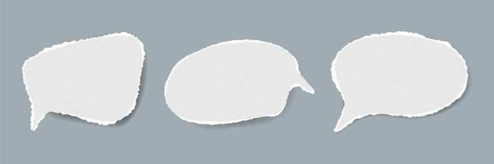 Poster - Torn paper speech bubbles isolated on grey background. Handmade white paper grunge texture. Ideal for stickers, notes, banners, quotes, scrapbooking, text highlights, poster, communication collage