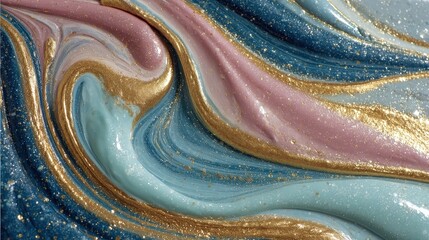 Poster - Smooth pearl glaze on a fluid metallic pattern with a baby element, captured in a stylish stock image.