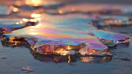Poster - Soft iridescent puddles with multi-layered color glows captured in a stunning image.