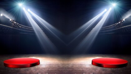 Wall Mural - the stage lit by spotlights is equipped with two red podiums making it suitable for presentations co
