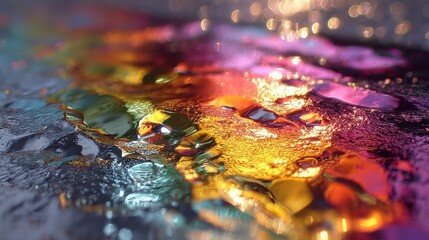 Poster - Stunning abstract image of liquid rainbow reflections on icy silver metal surface. Perfect for artistic or commercial use.