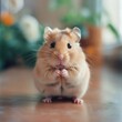 © MojoStock - A brown hamster with a white face and black eyes sits on a wooden surface, looking directly at the camera with clasped paws.