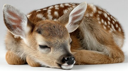 Canvas Print -   A close-up of a deer resting, with its head positioned on its hind legs and eyes shut closed