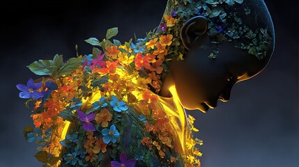 Wall Mural -   A woman with flowers in her hair against a dark background